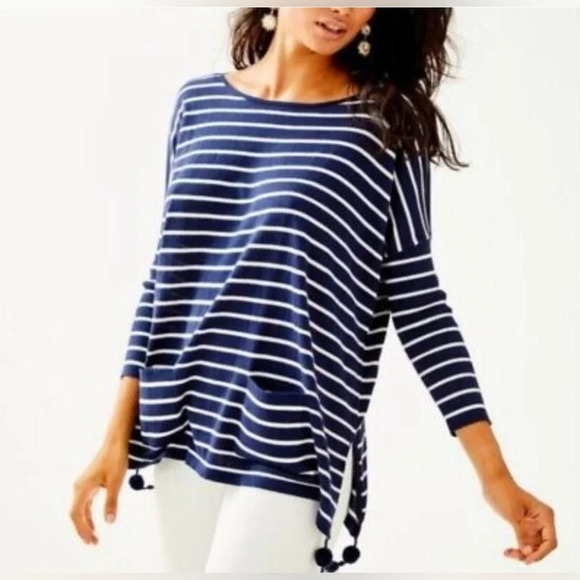 Lilly Pulitzer Navy Stripe Coolmax Elba Sweater With Tassels Size XXS - Picture 1 of 5
